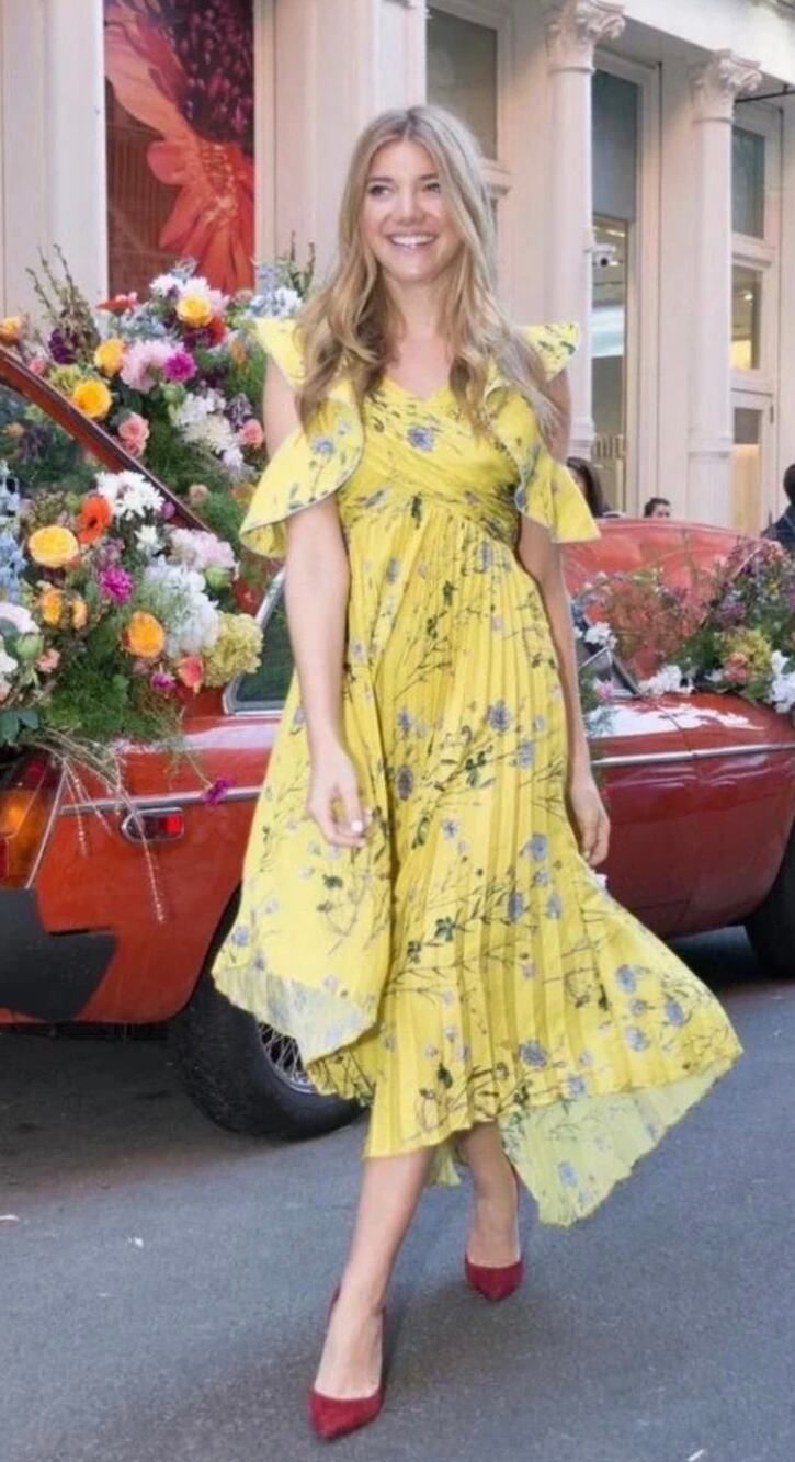 Self-Portrait Pleated Floral Statement Dress Yellow Asymmetrical Hem Size 4
